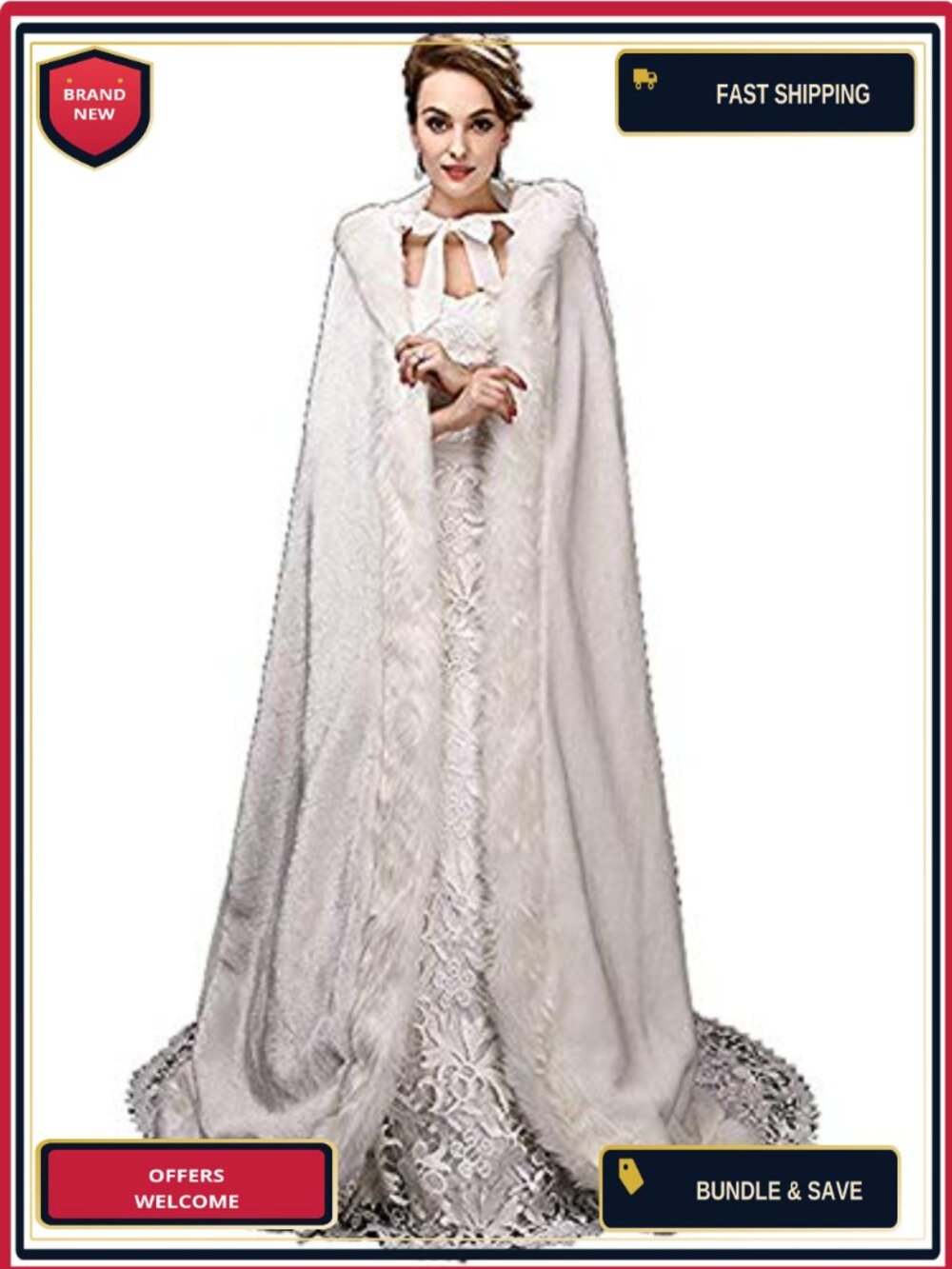 Women's Wedding Cloak Coat with Hoods Winter Long Jacket Bridal Wraps Warm Faux